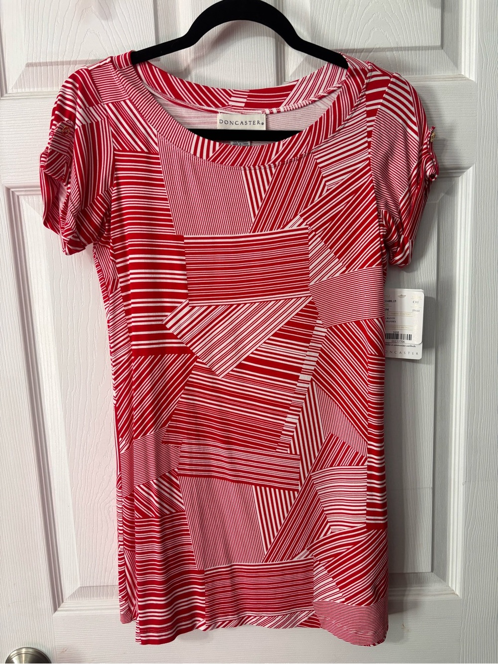 NWT DONCASTER  Women's Size XS Red & White Stretch Jersey Blouse Tunic Top